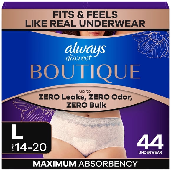 Always Discreet Boutique Rosy, Adult Diapers for Women, Maximum Incontinence Underwear L, 44 CT
