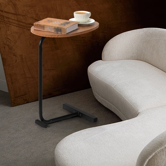 C-Shaped Side Table - Black Metal Frame & Wood Grain Top, Slide-Under Snack Table for Sofa, Chair & Living Room
