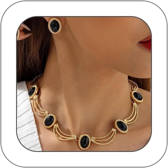 Black Gold Earrings Necklace,Vintage Chunky Oval Statement Jewelry Set,Large Oval Everyday Jewelry Sets