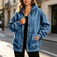 thumbnail image 3 of qafoshin Denim Jacket for Women Zipper Hooded Drawstring Denim Coat Oversized Long Sleeve Fall Trendy Outfits, 3 of 7