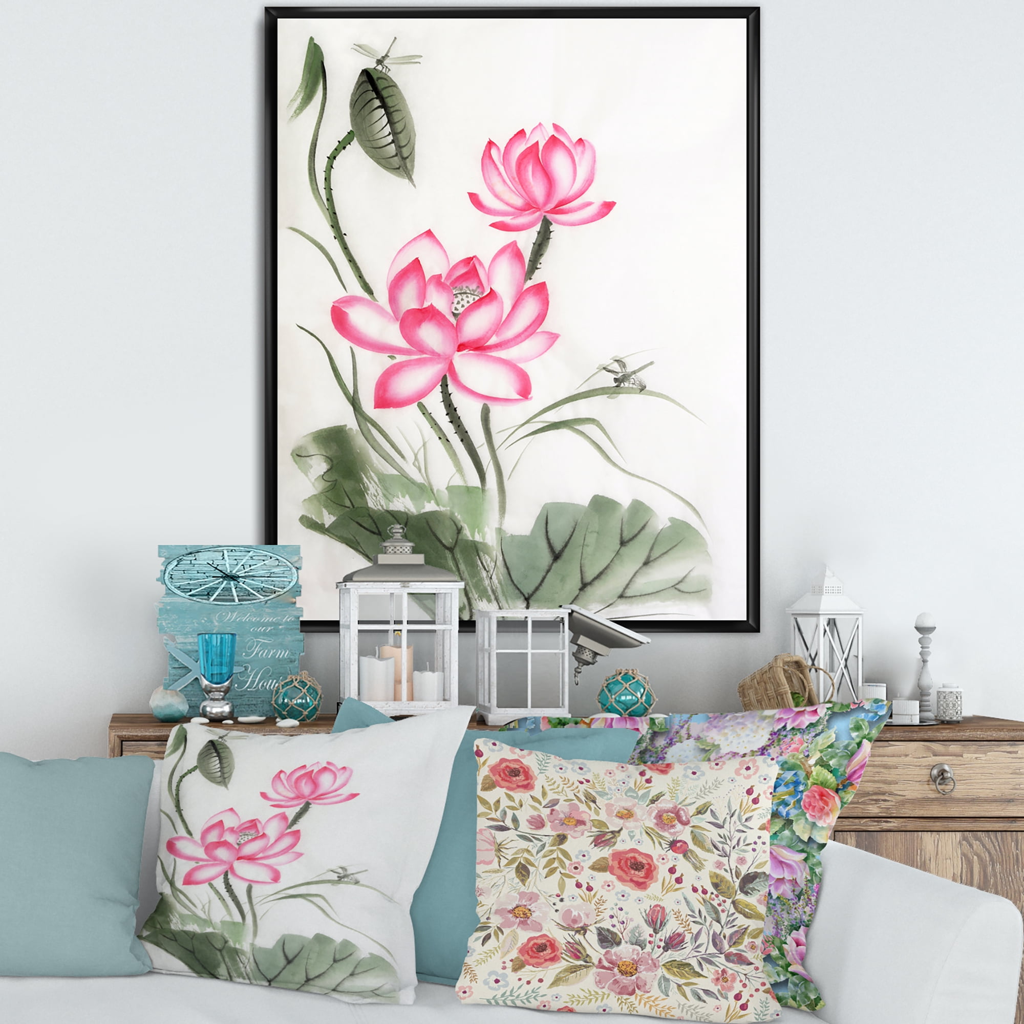 Designart 'The Dragonfly and Lotus I' Traditional Framed Canvas Wall Art Print