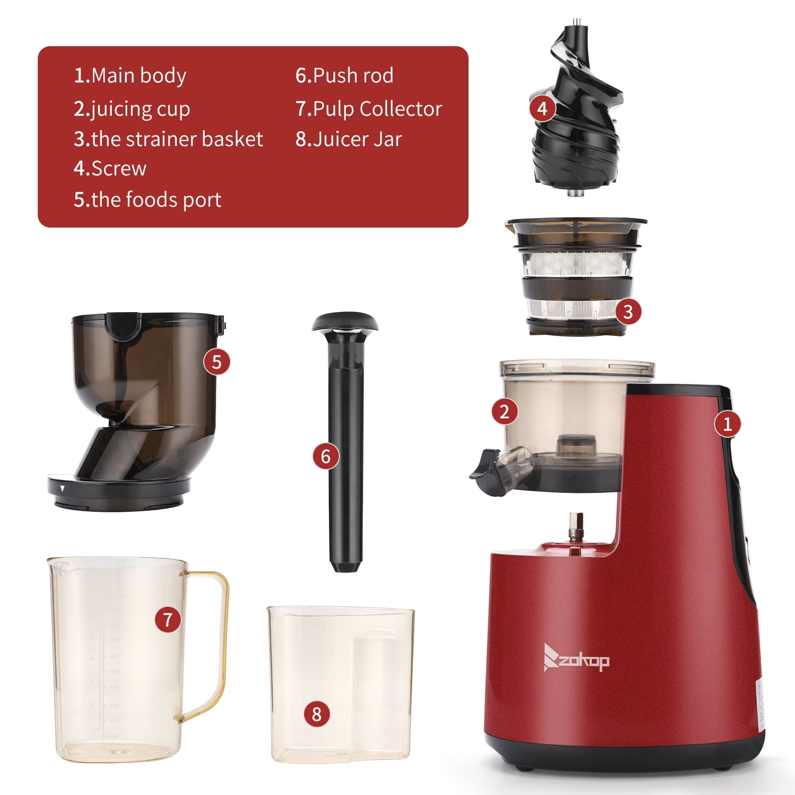 Private Jungle ZOKOP 120V 150W 1000ml Juice Cup Red Plastic 1500ml Pomace Cup Two-speed Mechanical Vertical Electric Cold Press Slow Masticating Juicer