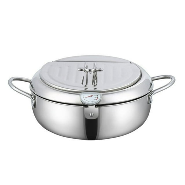 LEEYNEERDeep Fryer Pot Stainless Steel Japanese Frying Pot Janpanese Style Tempura Frying Pot with Lid With Temperature Control Oil Drip Drainer Rack Or Fried Chicken Shrimp French
