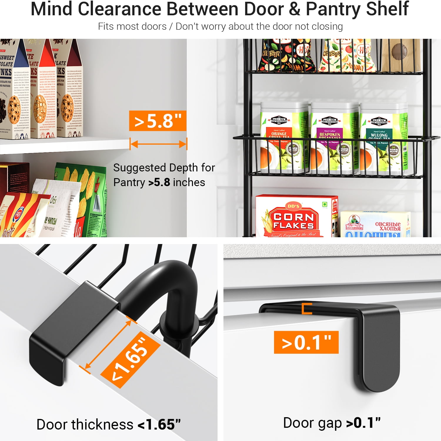 FOUKUS Over the Door Pantry Organizer: 6 Tier Stainless Steel Kitchen Organizers and Storage, Hanging Spice Rack, Easy to Install - Black