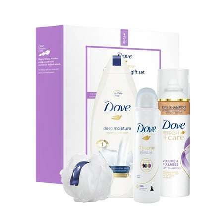 Dry Wash System - Dove 4-Pc Beauty Lover Gift Set Deep Moisture & Sheer Fresh with BONUS Pouf (Body Wash, Dry Shampoo, Dry Spray)