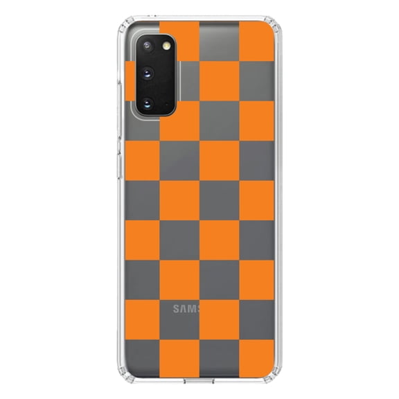 DistinctInk Clear Shockproof Hybrid Case for Galaxy S20 / S20 5G (6.2" Screen) - TPU Bumper, Acrylic Back, Tempered Glass Screen Protector - Tennessee Checkerboard - Orange, Clear