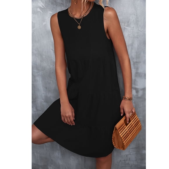 Vestido casual con capas, vestido con cuello redondo con capas, vestido sin mangas con capas, vestido con capas sin mangas diseñado para la precisión