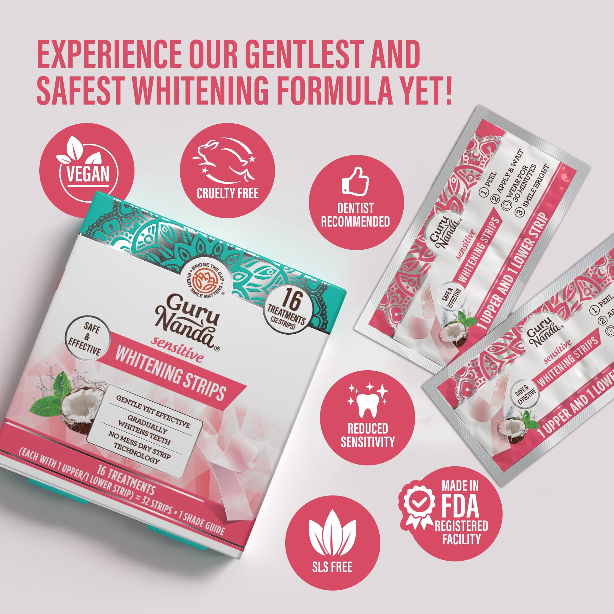 GuruNanda Sensitive Whitening Strips with Coconut Oil - 16 Treatments - Natural Mint Flavor
