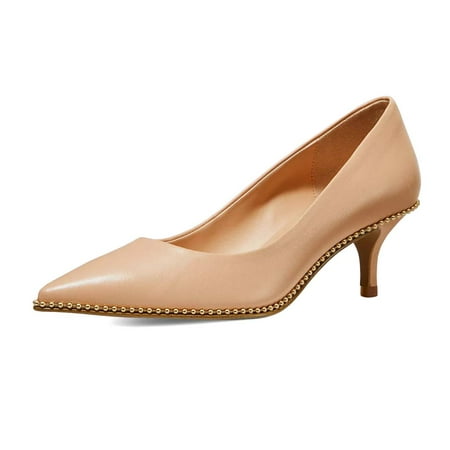 XYD Women Comfort Kitten Heels Pumps Slip On Pointed Closed Toe Studs Around Formal Office Shoes Size 13.5 Nude