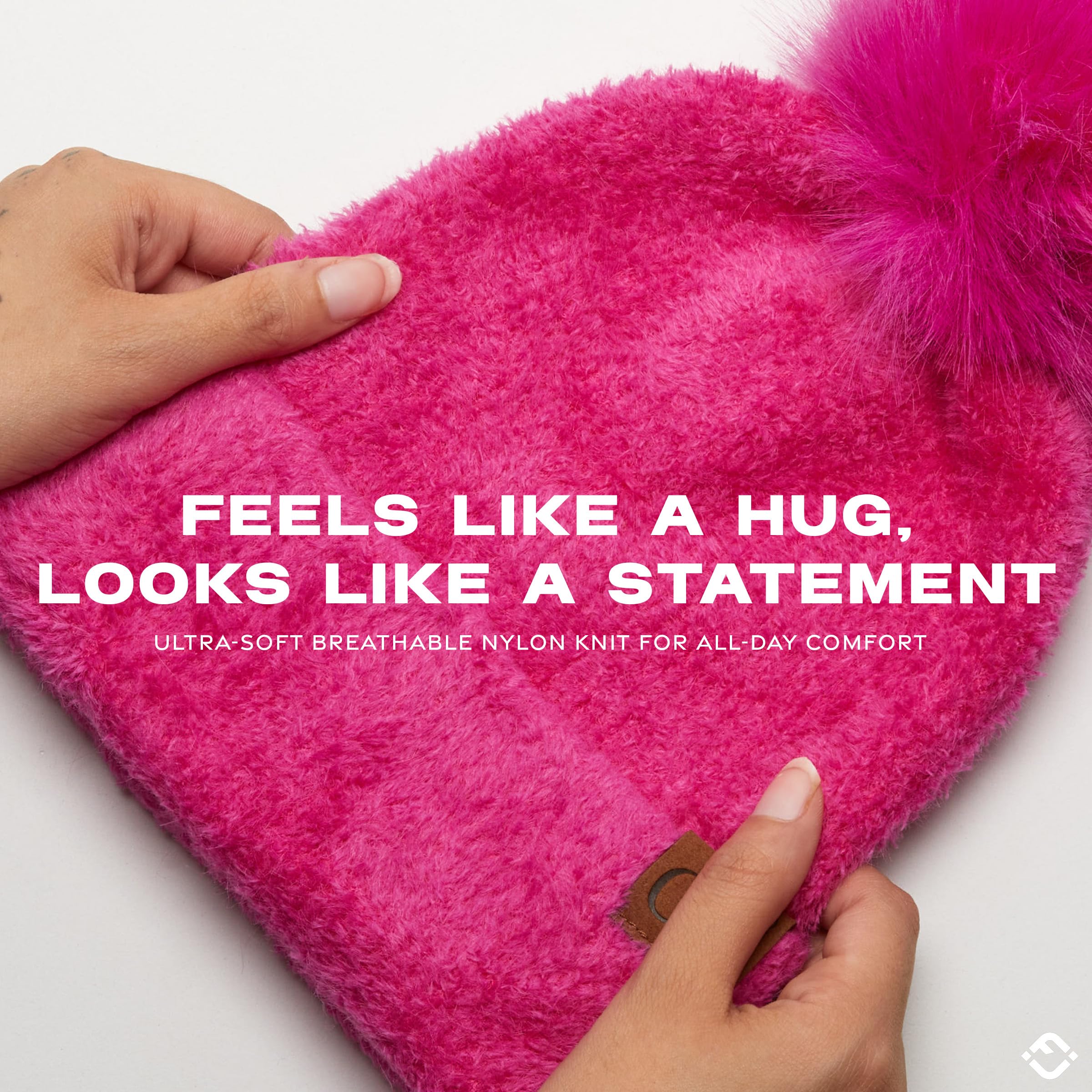 Funky Junque Beanie for Women Ultra Soft Chenille Faux Fur Pom Pom Winter Hats Warm Ski Cap Fashion - Hot Pink