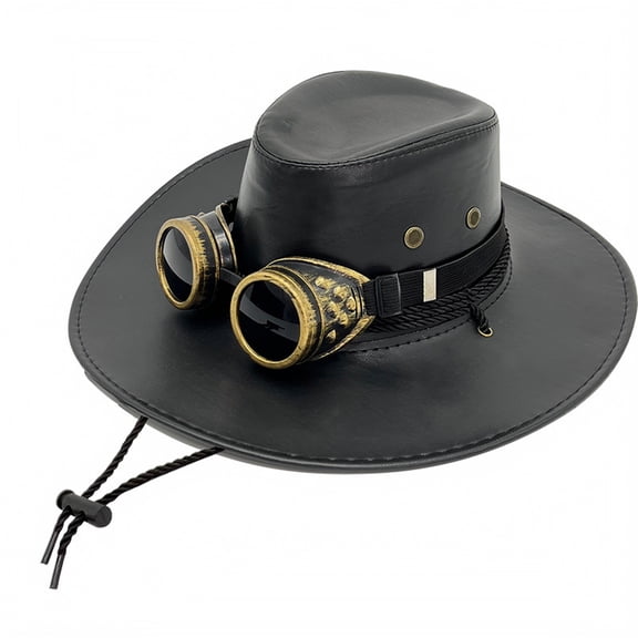 Faux Leather Western Cowboy Hats for Men and Women Fedora Gambler Hat Cowboy Style Outback Hat with Adjustable Rope Band Black One Size