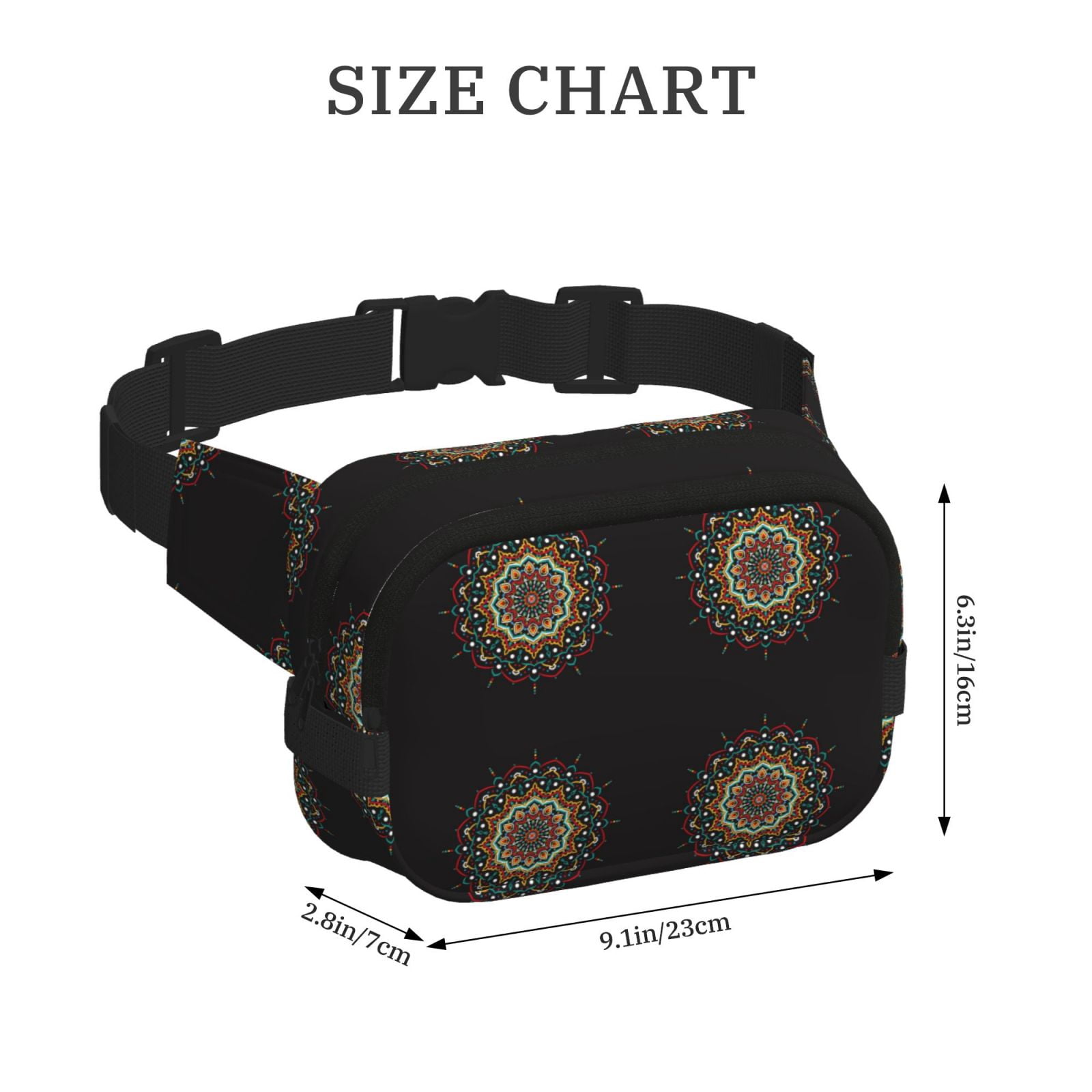 Picia Colorful Mandala Print Square Double-Layer Waist Bag Mini Adjustable Waist Belt Bag Exercise Running Travel Hiking