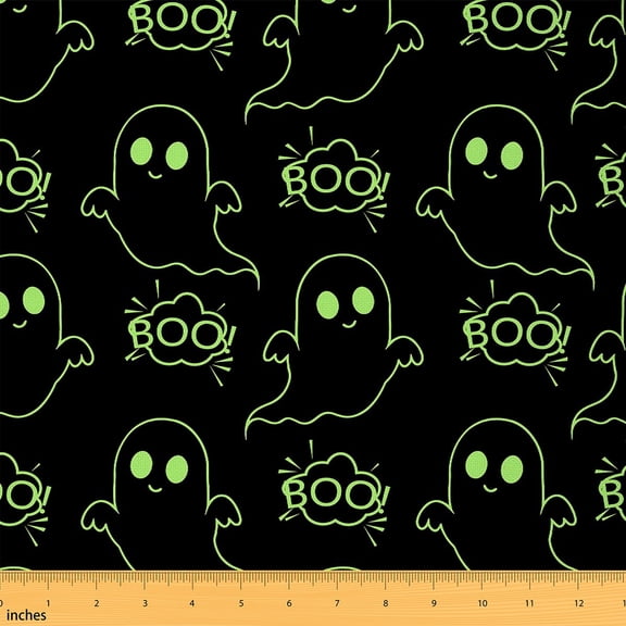 Feelyou Kids Green Ghost Fabric by the Yard 1 Yard, Cute Cartoon Home Decor Fabric by the Yard, Happy Halloween Sewing Fabric, Lightweight Room Decor