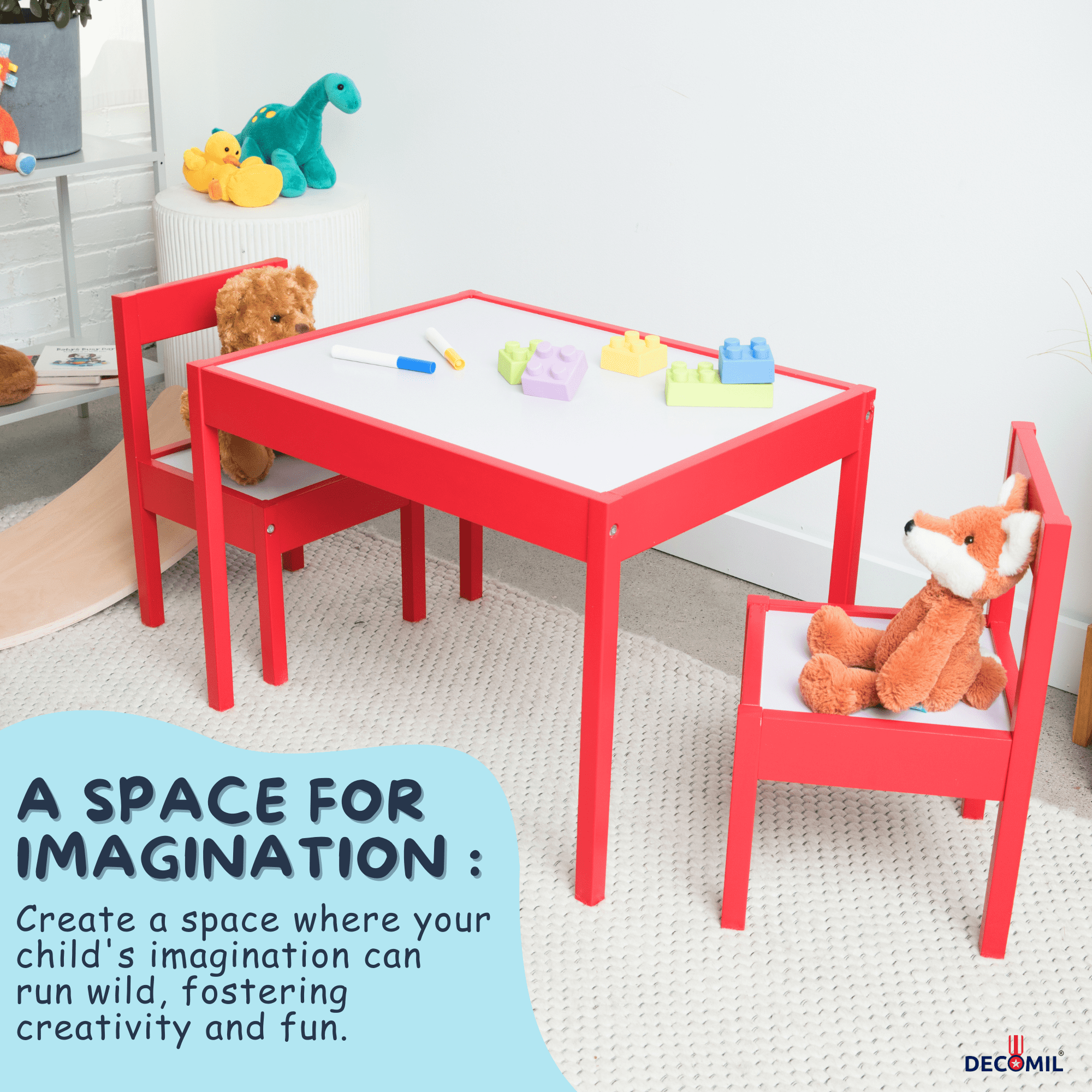 DECOMIL Kids Wooden Table and Chairs, 3 Pieces Set Includes 2 Chairs and 1 Activity Table, Picnic Table with Chairs (Red)