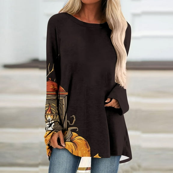 Winter Savings Clearance!Womens Summer Clearance Clothes Women's Casual Halloween Retro Pumpkin Print Long Sleeved Round Neck Top Funny High Low Hem Loose Fitting Halloween Shirt Womens Graphic Tees