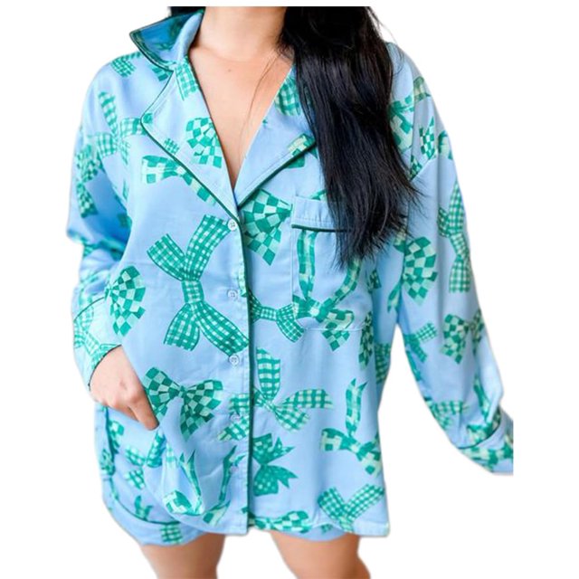 Conjunto de pijama Yiulangde de seda navideño para mujer con estampado de lazo
