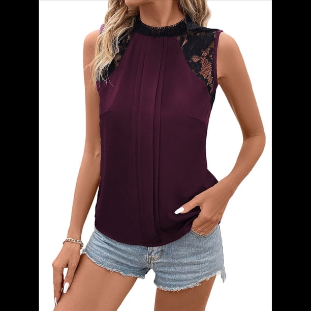 Blusas Sin Mangas de Encaje para Mujer, Blusas Plisadas de Verano 2025, Blusas Elegantes e Informales Sin Mangas. Vino Tinto L