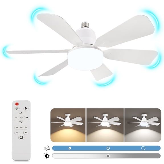 Socket Fan Light with Remote, 20.5in Small Ceiling Fan with 3-Speeds, Dimmable LED, E26/E27 Base, 6 Blades Light Socket Fan for Kitchen Bedroom