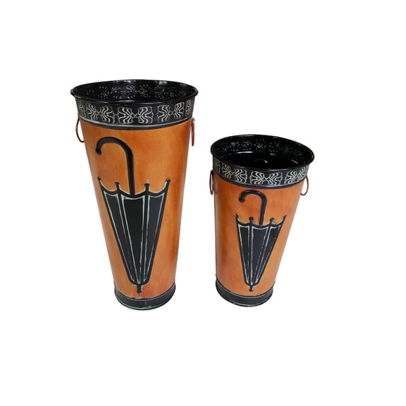 21- 16 Inch Metal Umbrella Stands- Black Engraved Artwork- Set of 2- Orange