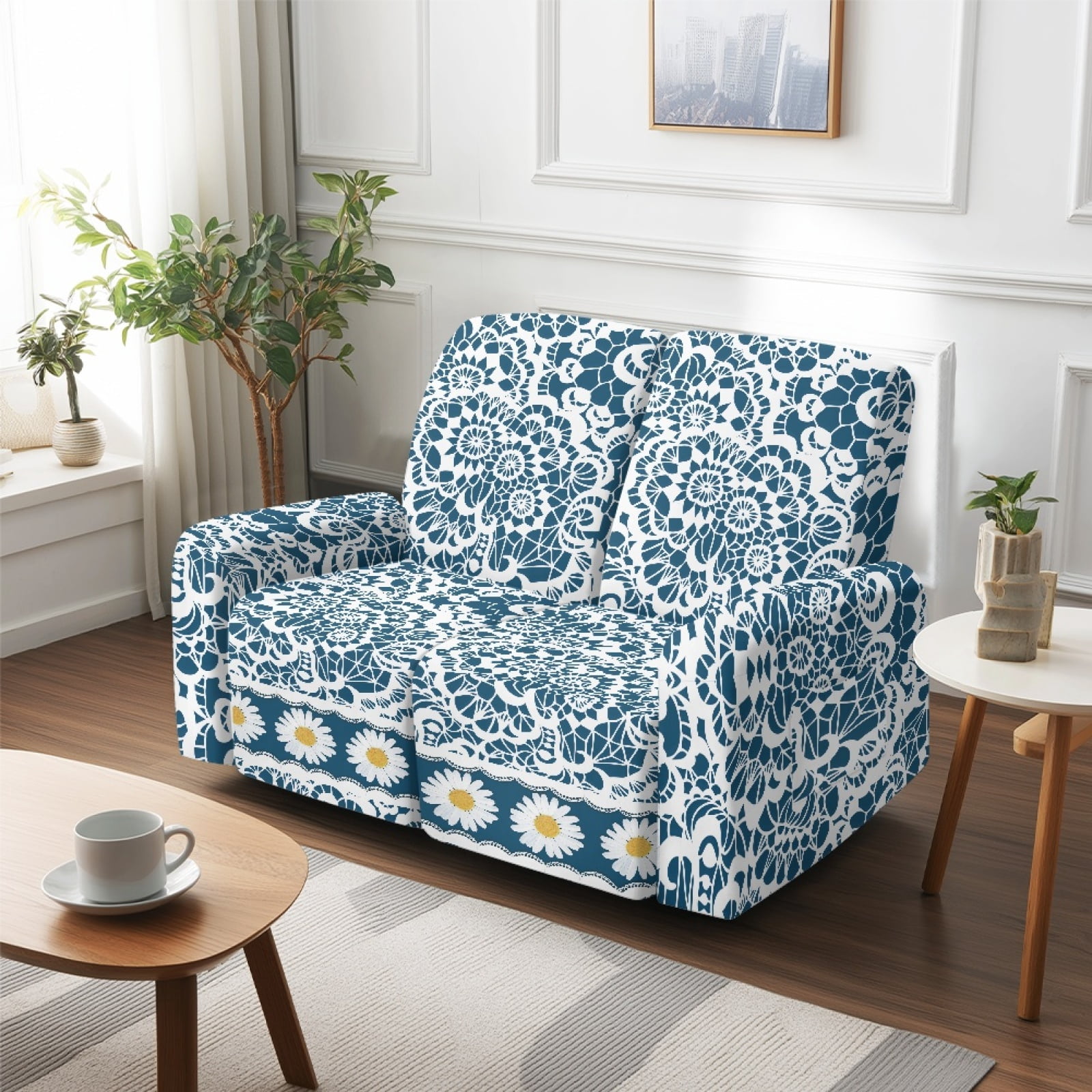 Xoenoiee Blue Daisy Floral Print Reclining Loveseat Cover, Stretch Loveseat Recliner Covers 2 Seater Loveseat Covers for Reclining Loveseat with Pockets Soft Double Recliner Cover for Kids, Pets