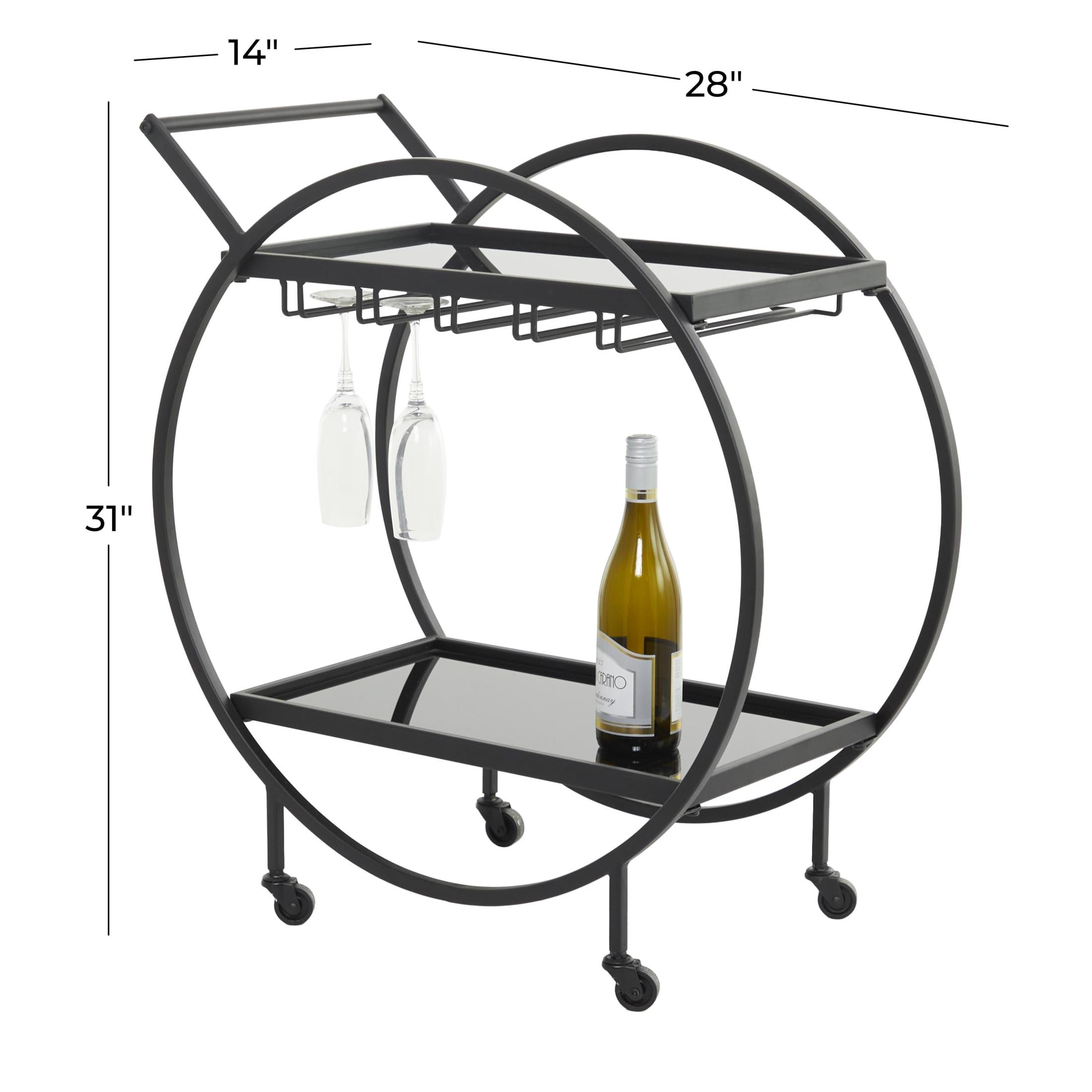 DecMode 28" x 31" Black Metal Rolling 2 Shelf Bar Cart with Wine Glass Storage and Handle, 1-Piece