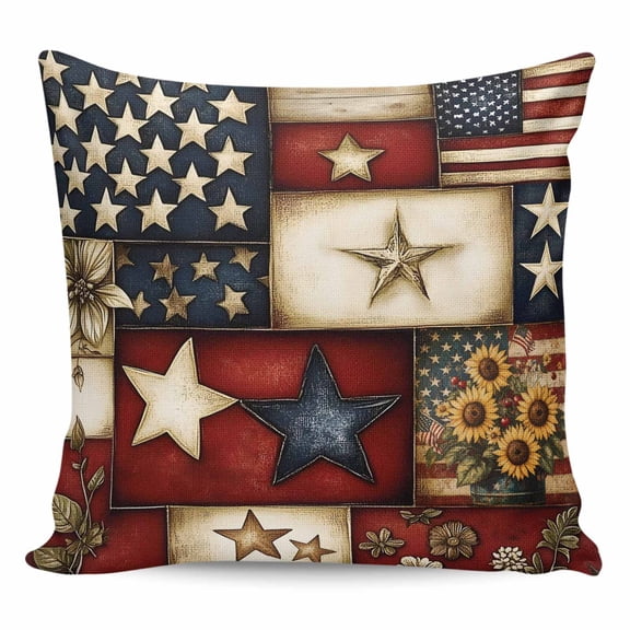 Throw Pillow Covers 16x16 Inch, American Flag Decorative Pillow Cases for Couch Sofa Bed, Texas Star Farmhouse Sunflowers Blue Red Cotton Linen Square Home Decor Pillowcases with Hidden Zipper
