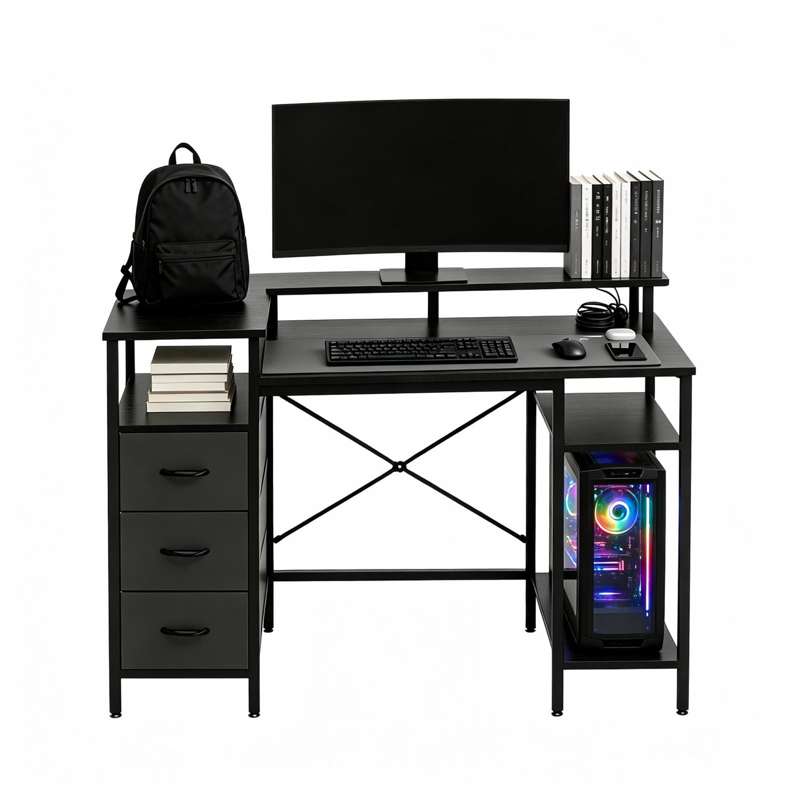 3-Drawer 4-Shelf Computer Desk with Power Strip, 47.2 x 18.8 x 34.7 in, Black