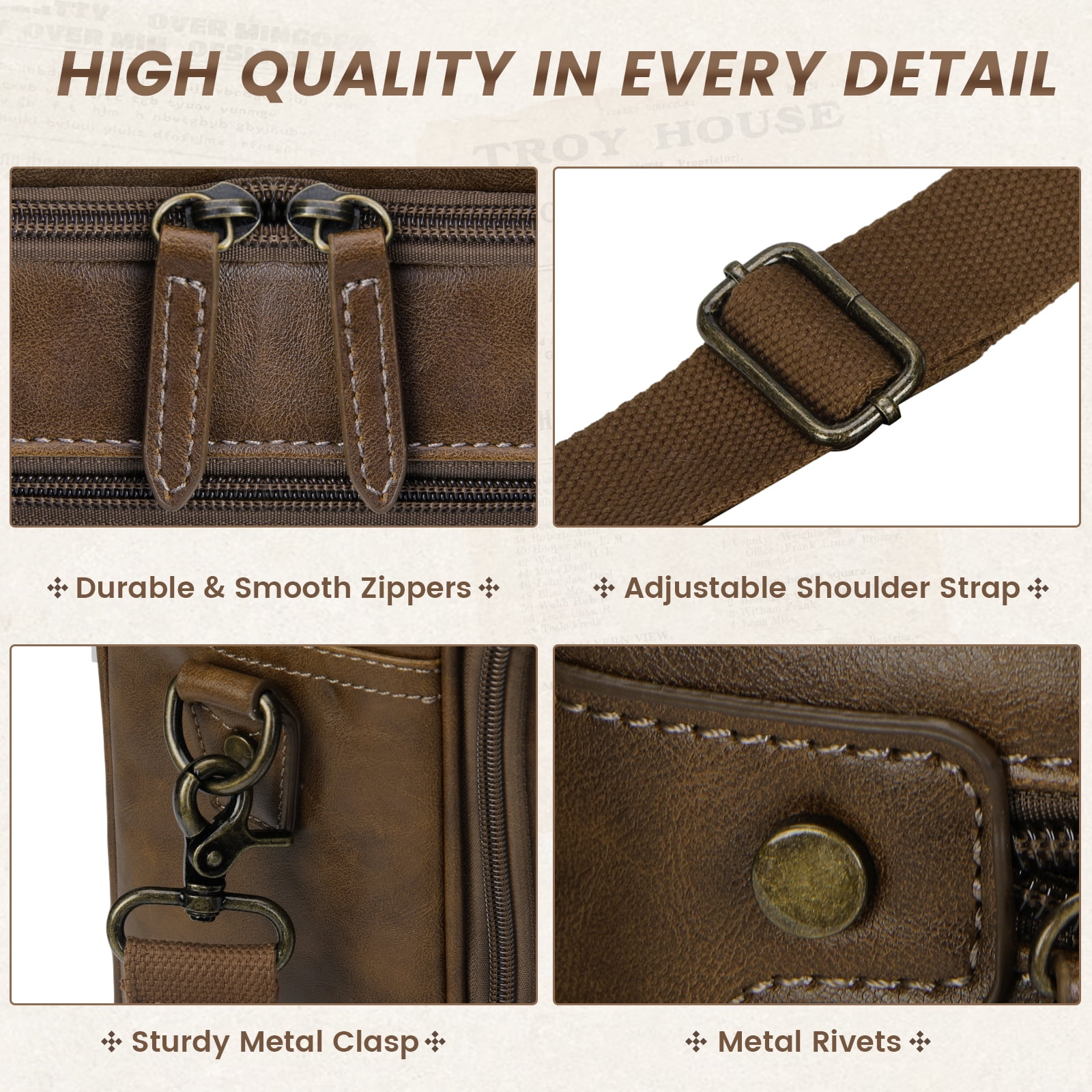 RAINSMORE Messenger Bag for Men 16 Inch Laptop Bag Leather Briefcase Vintage Crossbody Shoulder Office Computer Bag Retro College Satchel Bag for Work, Business, Brown