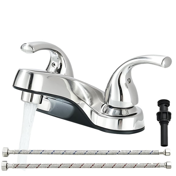 Zovajonia Brushed Nickle 2-Hole Dual-Handle Bathroom Faucet, Plastic Body, w/ Pop-Up Drain & Supply Hoses, for RV/Apartment/Vanity