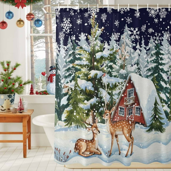 Shower Curtain Bathroom Set Winter Snowflake Elk Waterproof Fabric Shower Curtains with Grommets&Hooks Christmas Tree Animal Theme Privacy Bath Curtain for Bathtub 36x72in