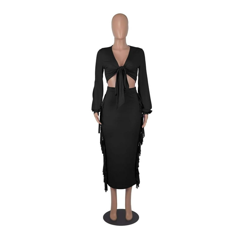 RQYYD Two Piece Club Outfit for Women Long Sleeve Knot Crop Top