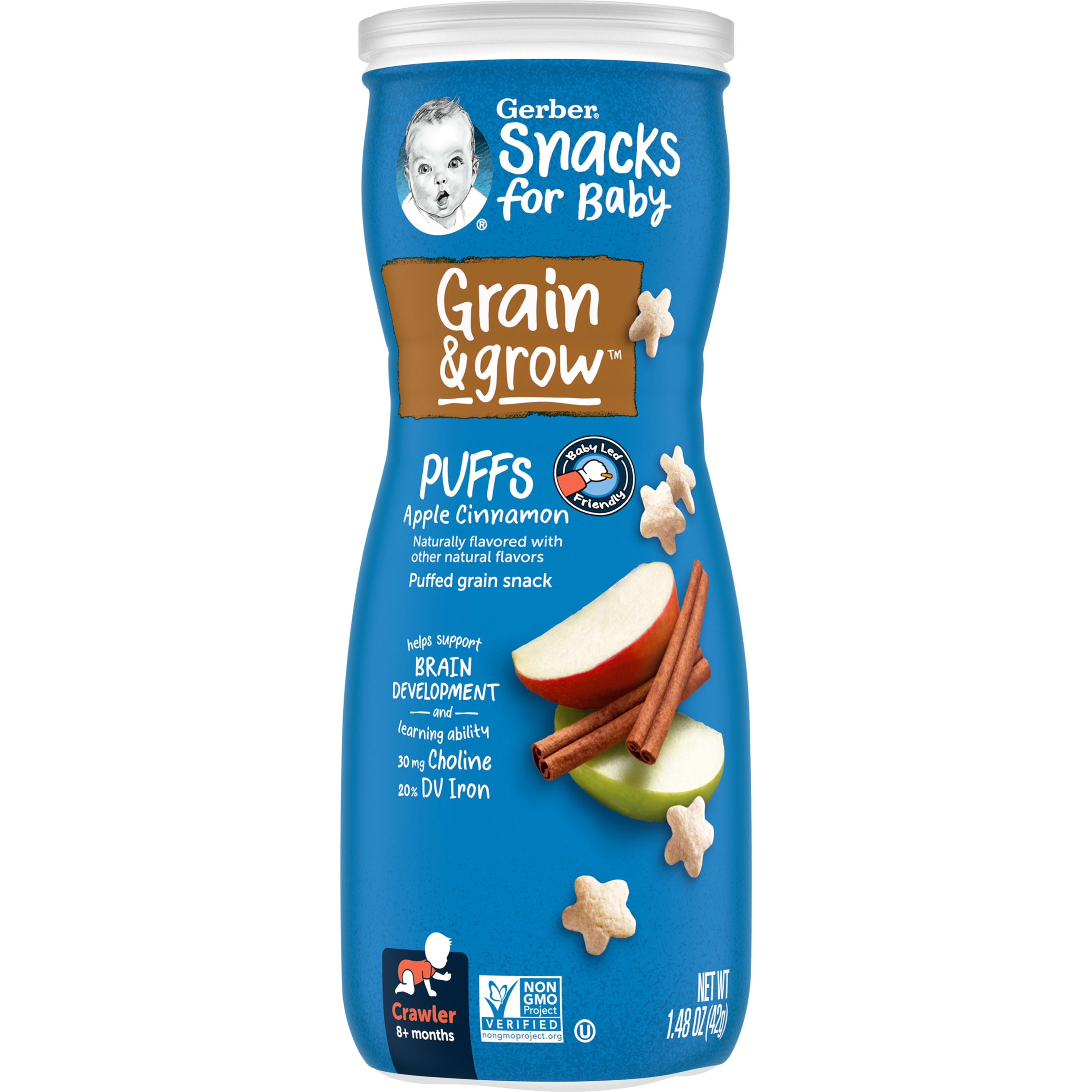 Gerber Snacks for Baby Grain & Grow Puffs, Apple Cinnamon, 1.48 oz Canister (6 Pack)