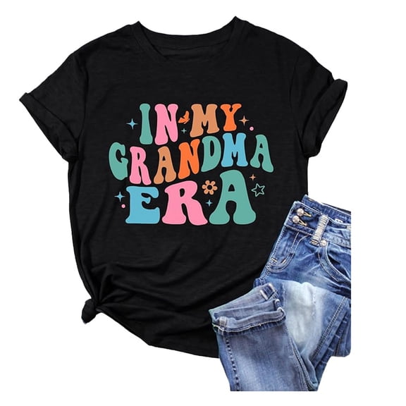 Graphic Tees for Women Fashion Summer Round Neck Casual Fit Grandma Printed Top Short Sleeved T Shirt for Women Black S