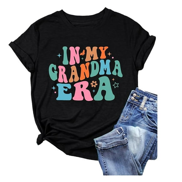 Women'S Fashion Summer Round Neck Casual Fit Grandma Printed Cotton Top Short Sleeved T Shirt Women'S T-Shirts Black Xxl
