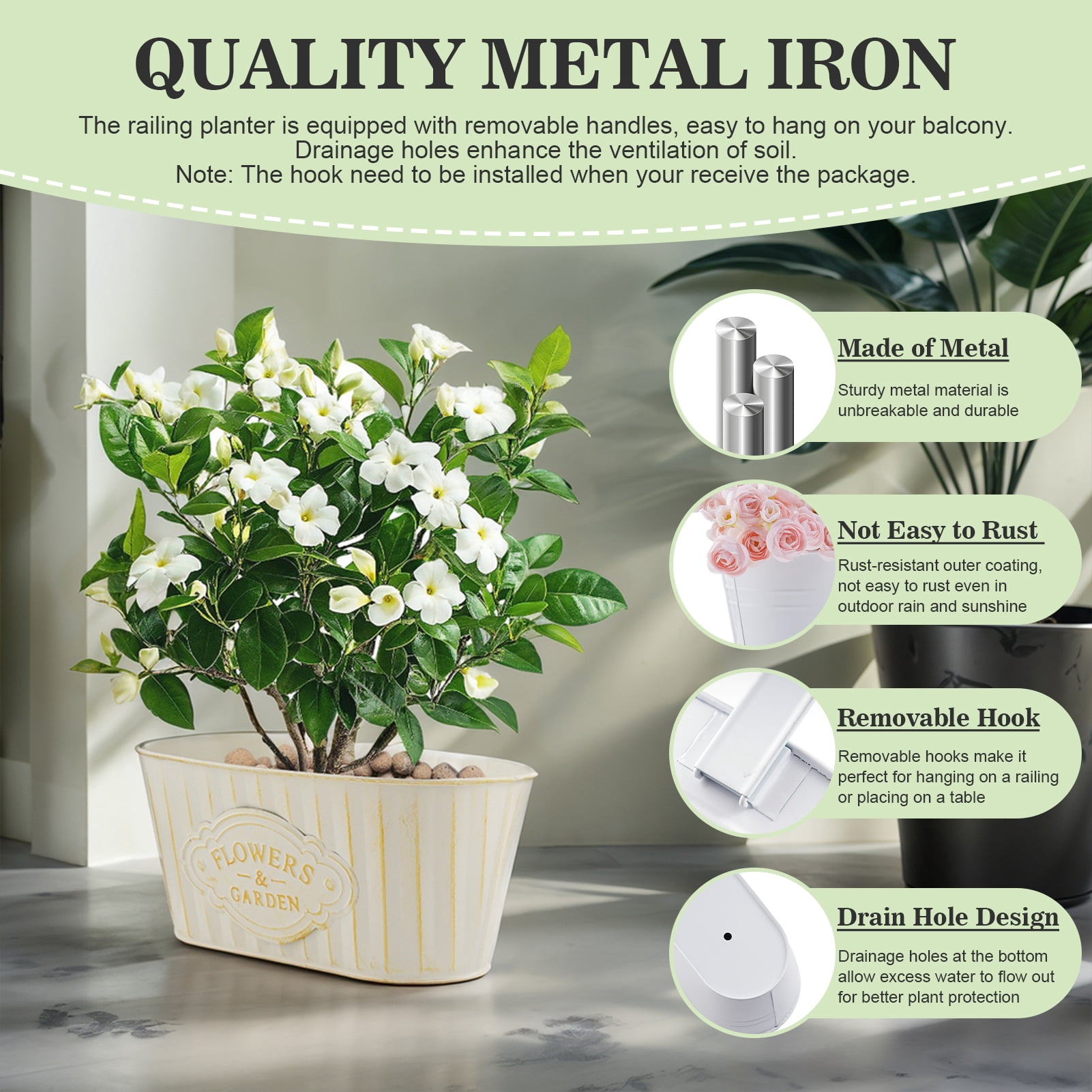 urorentea 3Pcs Metal Hanging Flower Pots for Outdoor Plants, Iron Railing Planter with Detachable Hooks and Drain Holes, Hanging Pots Fence Planters for Railing Garden Fence Balcony (milky white)