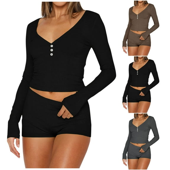 kttectoa Outfits for Women Comfy Elastic Base Casual Outfits Womens Fashion Fall Outfits Solid Long Sleeve V-Neck Pullover Tops and Shorts Sets Fall Outfits for Women 2024