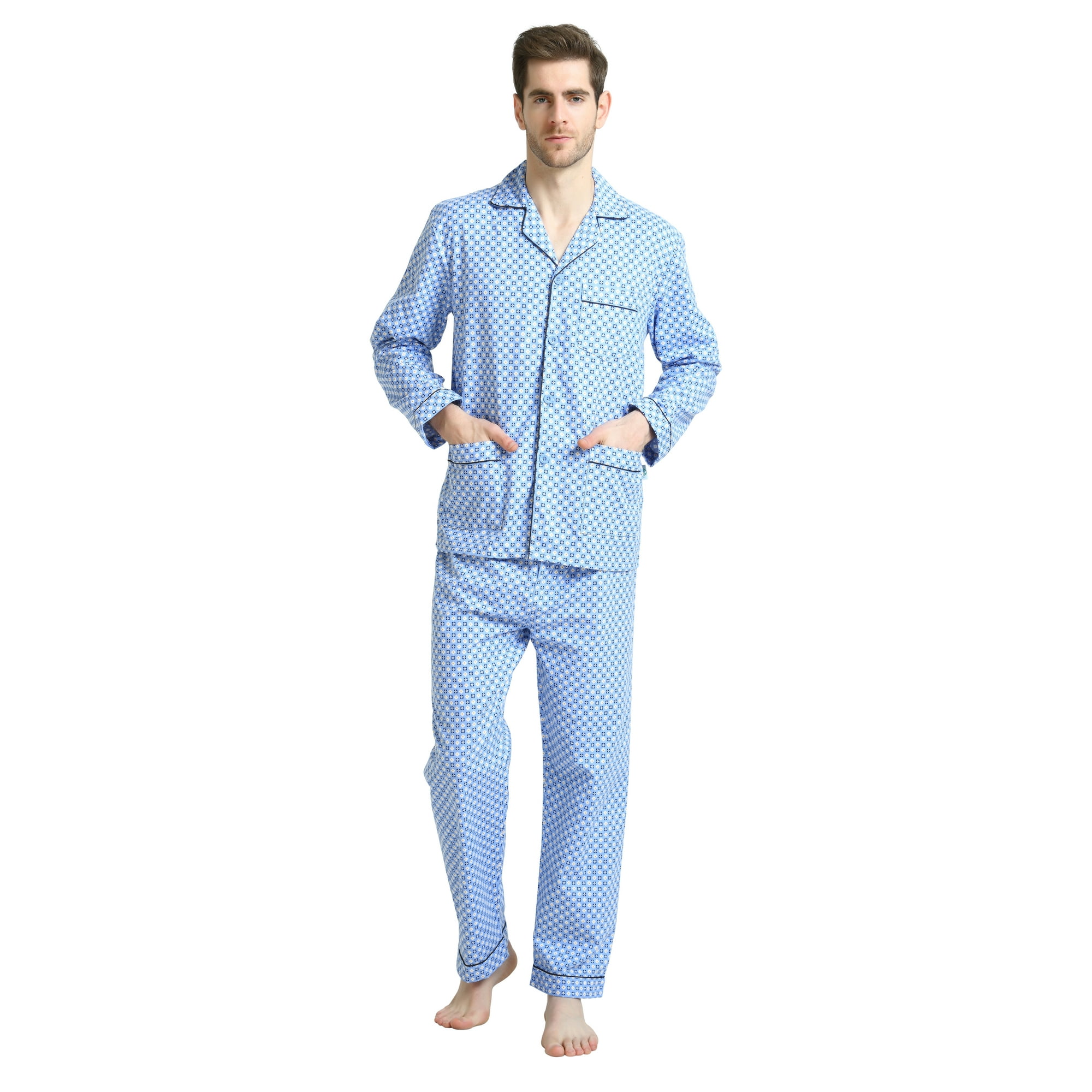 GLOBAL Men s Pajamas Sets 100 Cotton Flannel Sleepwear Long Sleeve Top Bottom Walmart