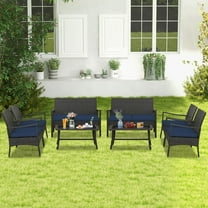 Gymax 8 Pieces Outdoor Patio PE Wicker Sofa w/ Tempered Glass Coffee Table for Porch & Backyard