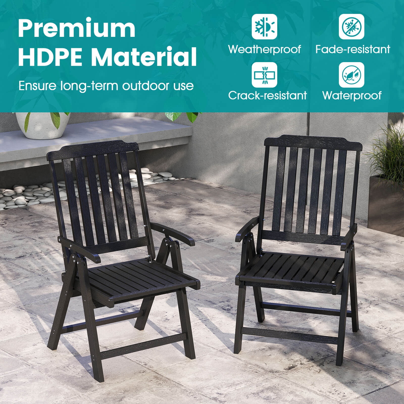 Costway Foldable Patio Chair with Armrest, Curved Back, Slatted Seat for Backyard Deck Black