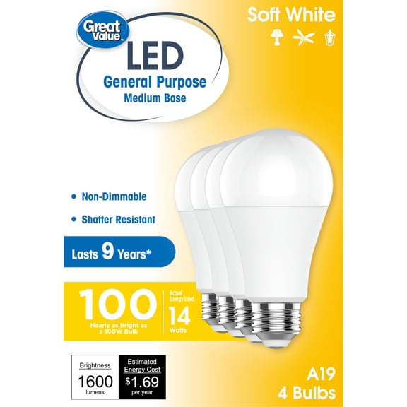 Great Value A19 LED Light Bulbs, 100 Watts Eqv, Soft White, General Purpose Light Bulbs, 9yr, 4 pack