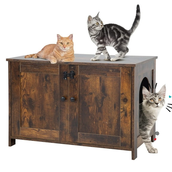 NiamVelo Cat Littler Box Enclosure, Wooden Cat Litter Box Furniture  with Removable Divider & Reversible Entrance, Cats Washroom Cats House with End Table, Brown