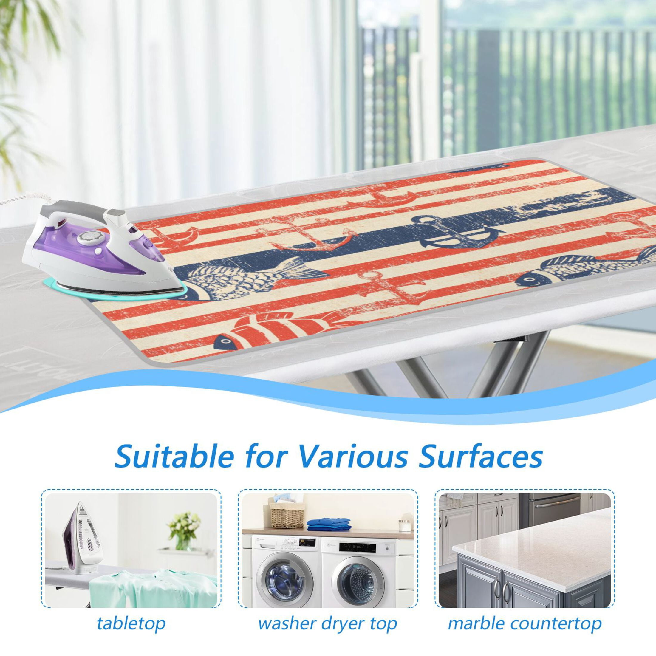 Navy Stripes with Fishes Kellegs Ironing Mat Blanket Portable Travel Ironing Pad Heat Resistant Pad 47.2" x 27.6”