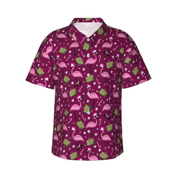 Fotbe Festive Flamingos Camisa Hawaiana para Hombre Unisex – Camisa Casual de Verano con Botones de Manga Corta de Algodón y Lino,Large