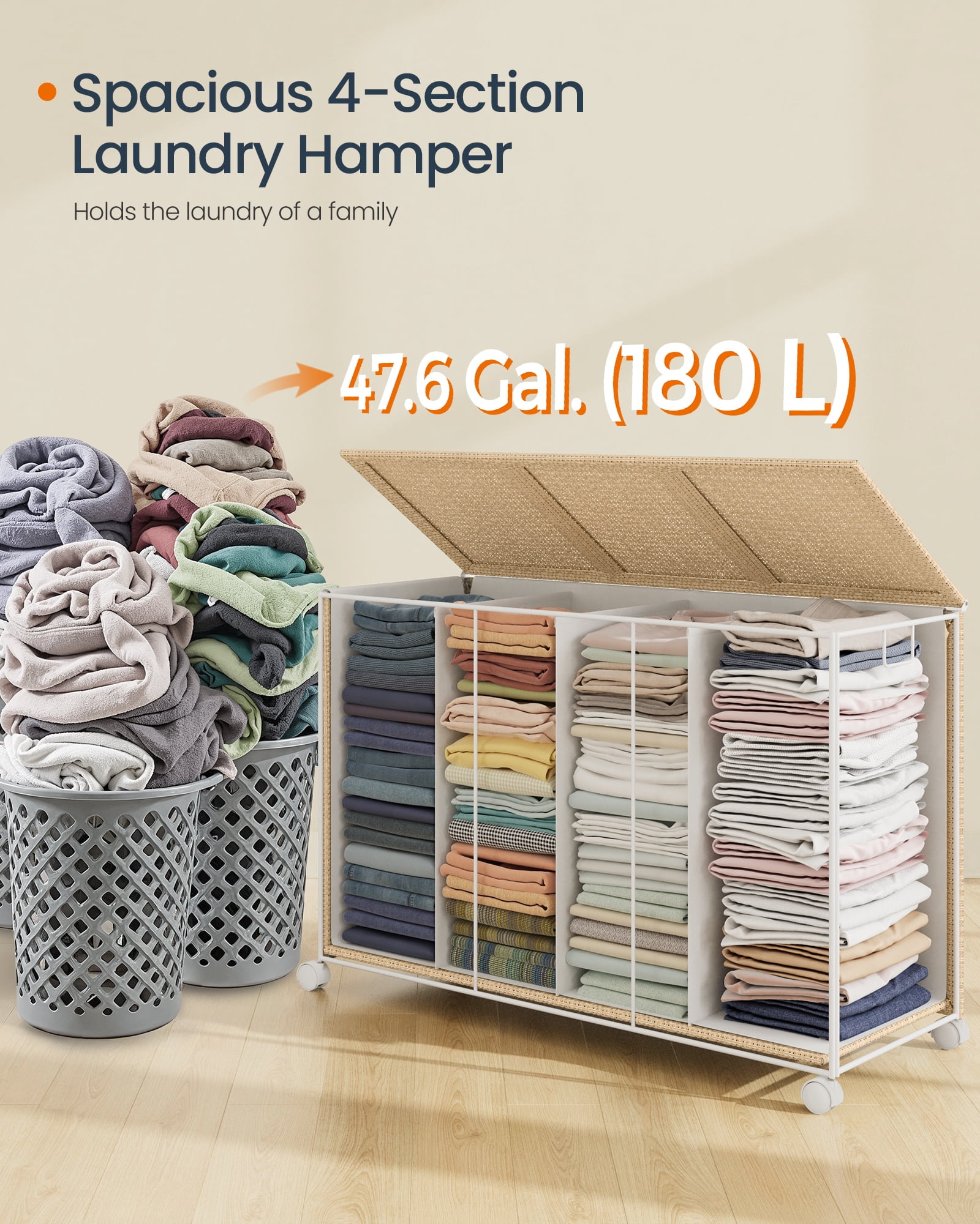 Natural Beige & Matte White 4 - Compartment Laundry Hamper. 47.6 Gal Laundry Sorter on Wheels, with Lid, Removable Liners & Handles