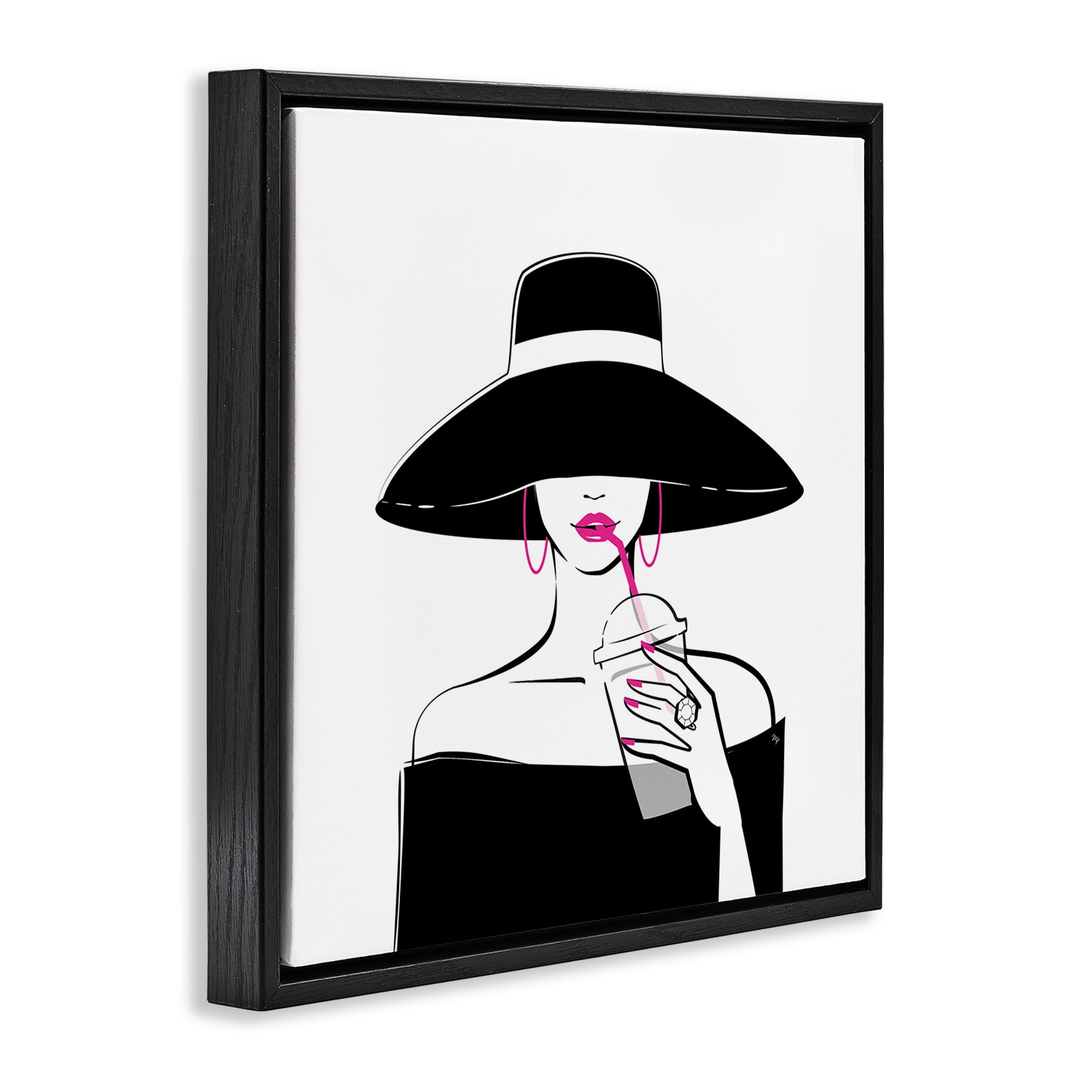 Stupell Industries Chic Black Hat Sipping Coffee Black Framed Floater Canvas Wall Art, design by Martina Pavlova