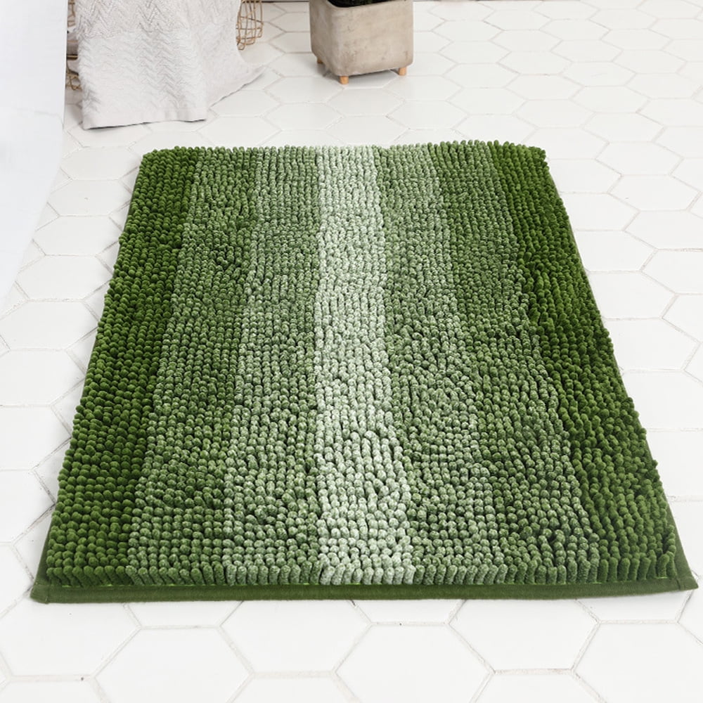 FUDAKUNA Fluffy Chenille Bathroom Rugs Anti-slip Absorbent  19.6" x 31.5" Green Stripes Decor Bath Mat Machine Washable