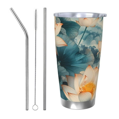 

Qekee Mountain Lotus Serenity Print 20OZ Car Cup Stainless Steel Vacuum Insulated Tumbler Tumbler Cup With Lid And Straw Travel Coffee Mug-Straw Three-piece Set