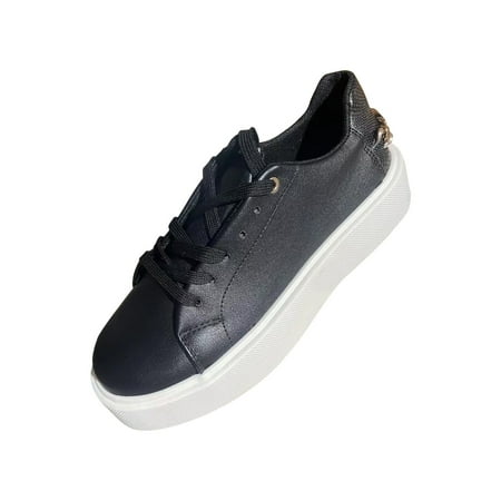 

Nrmvnmi Womens Leather Platform Sneakers Platform Lace-Up Comfortable Casual Slip on Tennis Shoes Walking Shoes Black Mothers Day Gifts