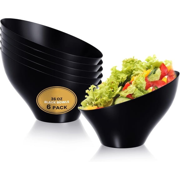 6 Pack Black Large Plastic Bowls - Premium Plastic Serving Bowls Heavy Duty For Weddings Catering, Parties, And All Occasions 36 Oz (Black, Large)