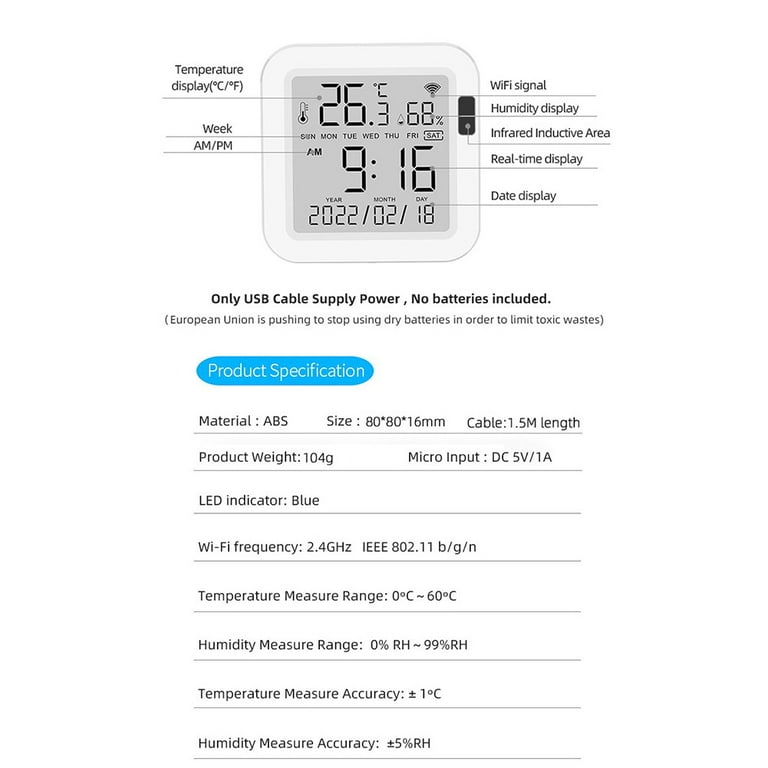 Tuya WiFi Temperature And Humidity Sensor Thermometer For Home USB LCD  Screen Display Infrared Sensing Backlight Support Alexa G